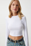 Beyaz Bisiklet Yaka Basic Crop Örme Bluz OW00034