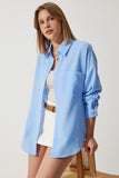 Gök Mavi Oversize Keten Ayrobin Gömlek DD01222