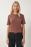 Kahverengi Pamuklu Basic Örme T-Shirt AG00001
