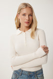 Krem Polo Yaka Fitilli Triko Kazak US00954