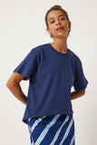 Lacivert Bisiklet Yaka %100 Pamuk Penye T-Shirt FN03265