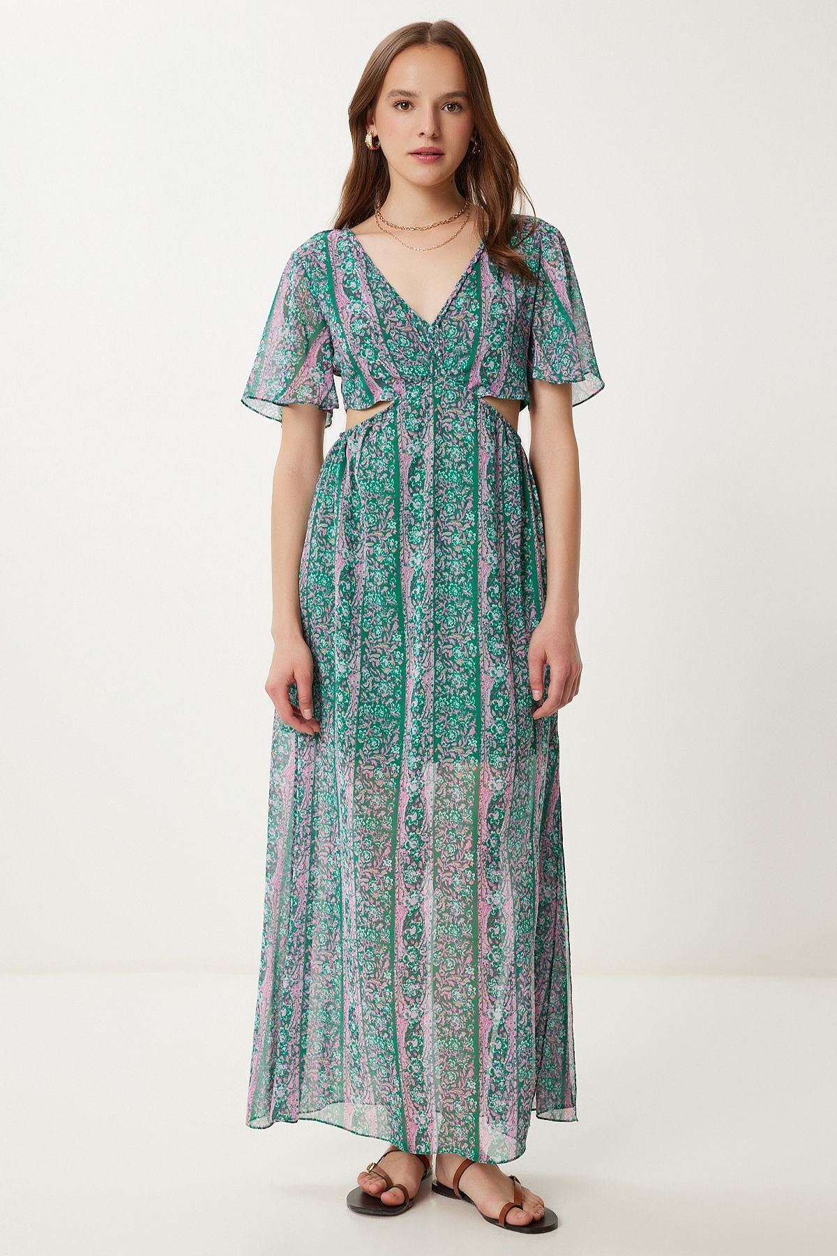 Yeşil Pembe Desenli Cut Out Detaylı Şifon Elbise FG00032
