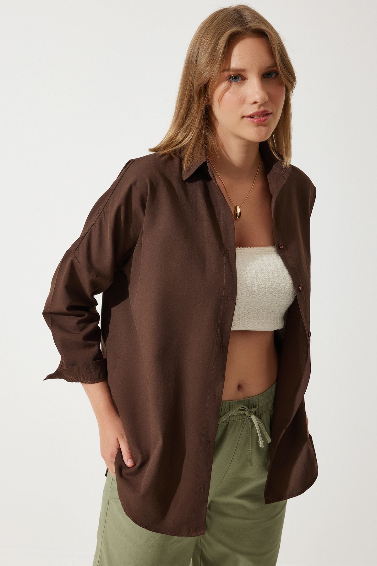 Acı Kahve Oversize Uzun Basic Gömlek  DD00842