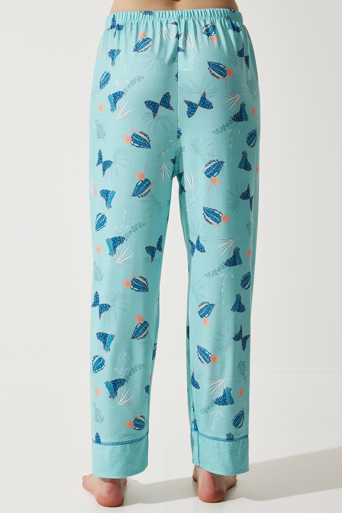 Su Yeşili Desenli Gömlek-Pantolon Örme Pijama Takımı TK00092