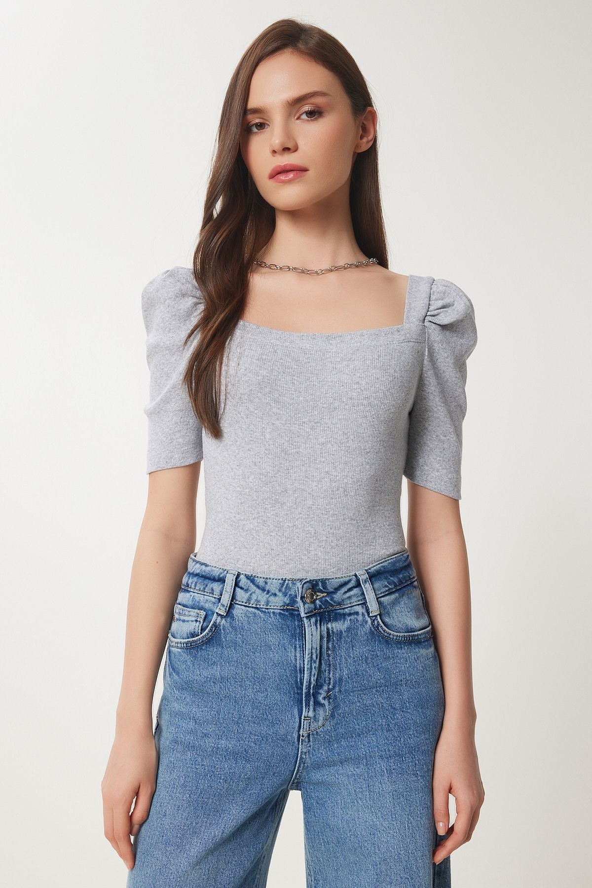 Gri Melanj Kare  Yaka Fitilli Crop Bluz GT00007
