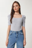 Gri Melanj Kare  Yaka Fitilli Crop Bluz GT00007