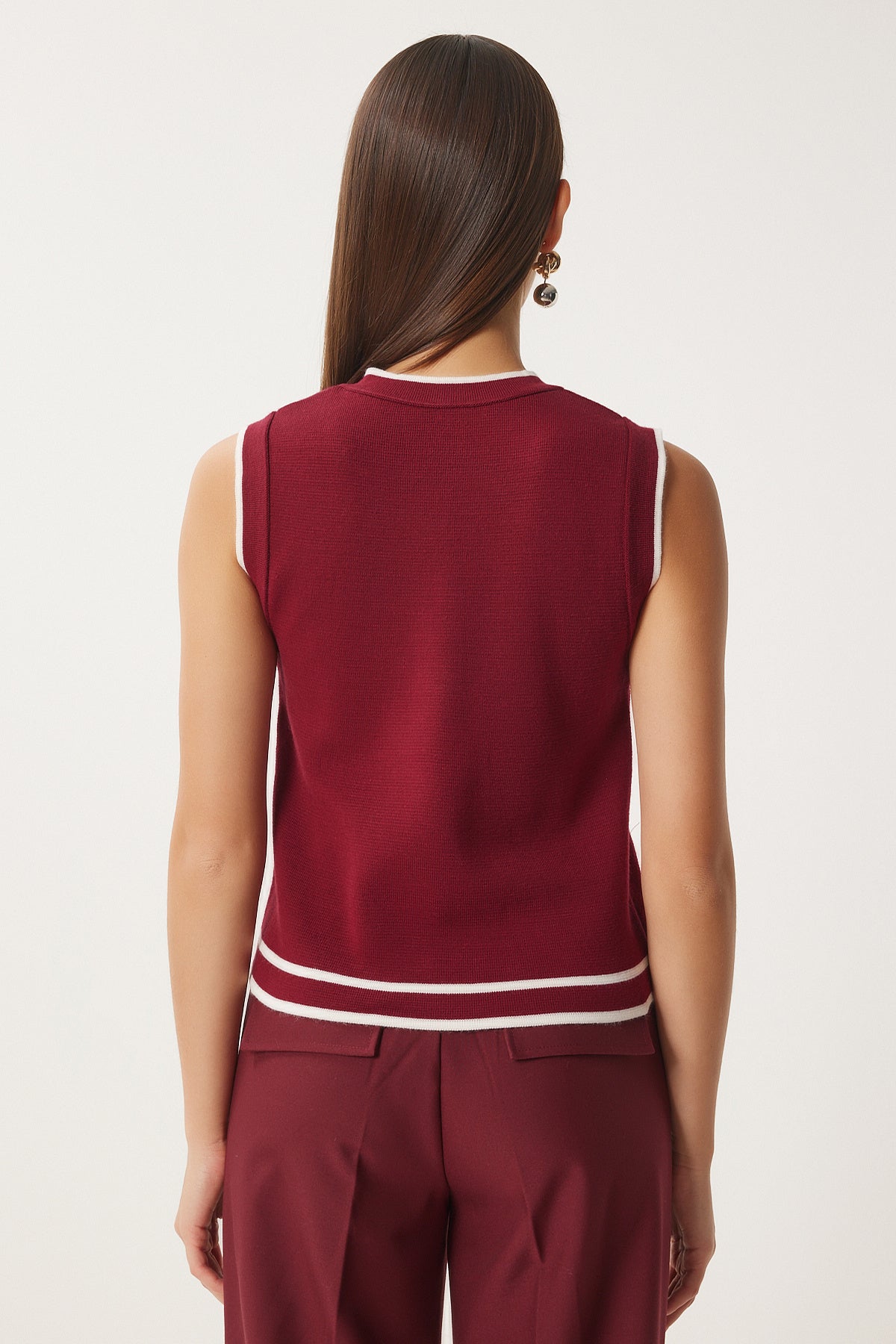 Bordo Kontrast Şerit Detaylı Triko Yelek FN03406