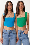Yeşil Mavi 2’Li Paket Askılı Crop Dokuma Bluz MX00220