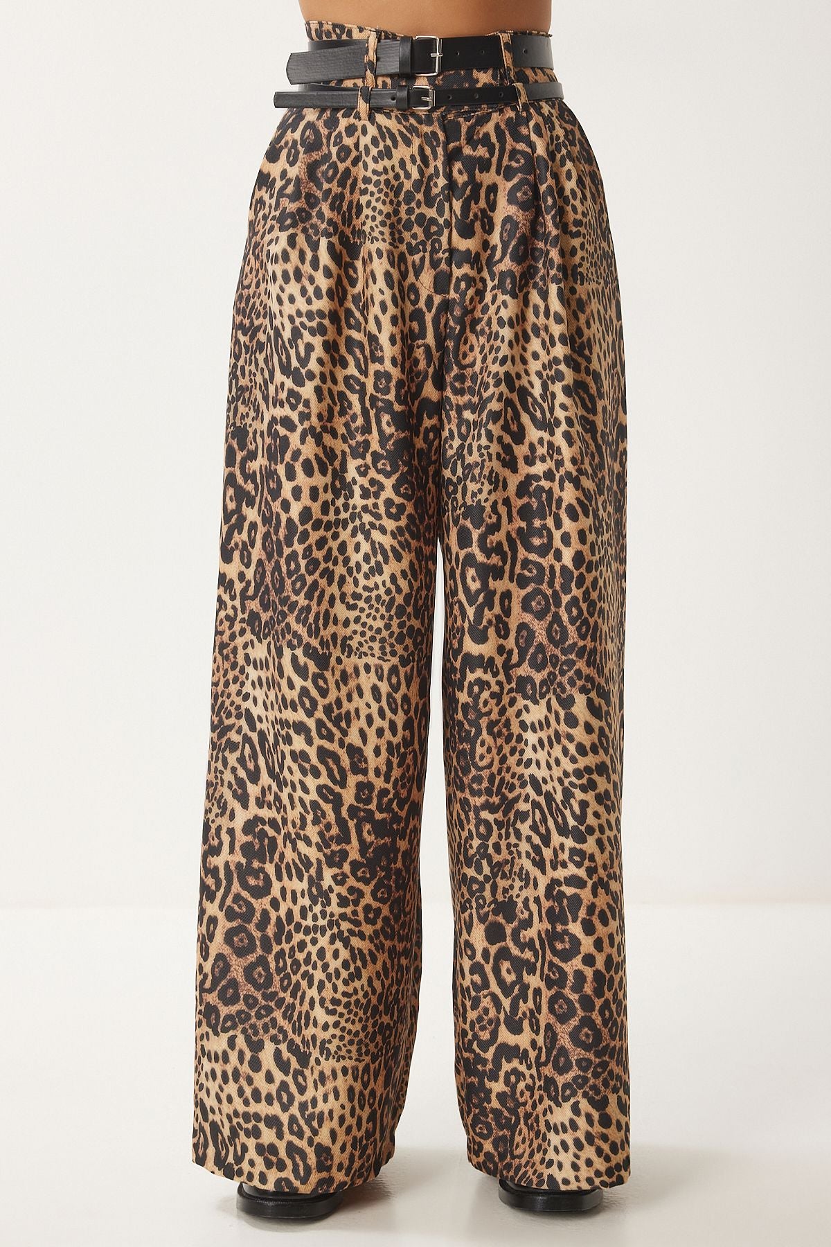 Bej Siyah Leopar Desenli Çift Kemerli Culatte Dokuma Pantolon FN03412