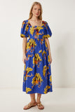 Mor Sarı Desenli Yazlık Midi Poplin Elbise FK00017