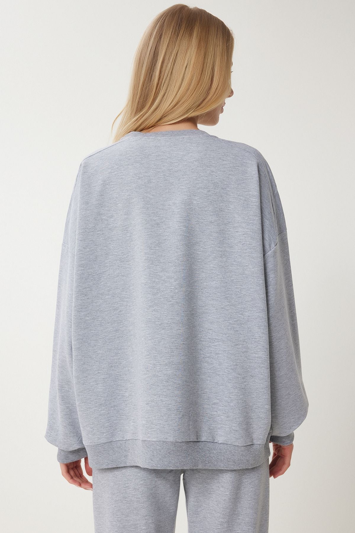 Gri Melanj Bisiklet Yaka Oversize Örme Eşofman Takımı FN03456
