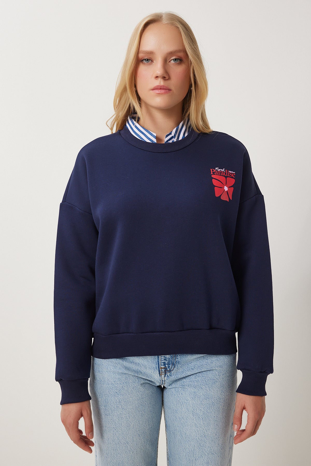 Lacivert Baskılı Şardonlu Örme Sweatshirt BF00099