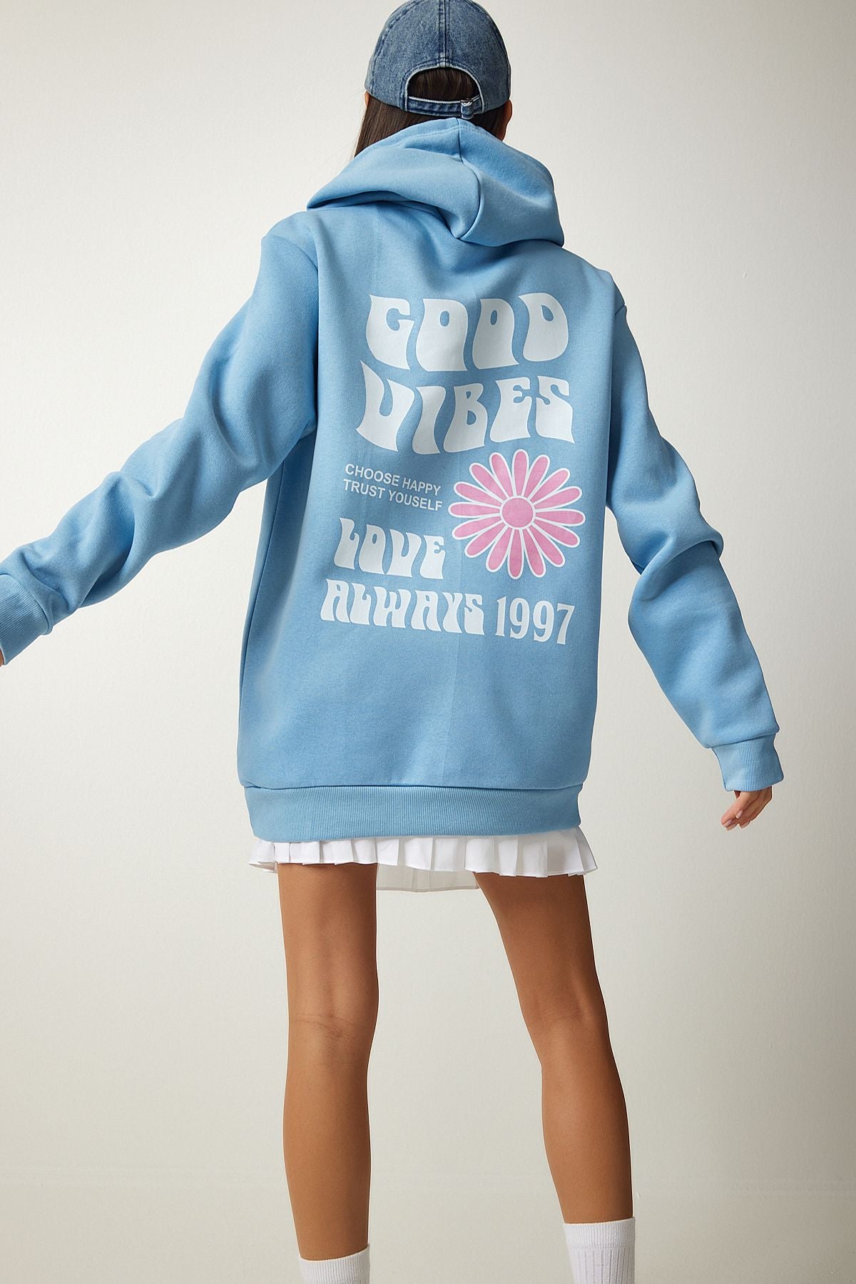 Açık Mavi Baskılı Kapüşonlu Şardonlu Sweatshirt OW00011