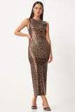 Siyah Bej Leopar Desenli Dar Elbise PF00077