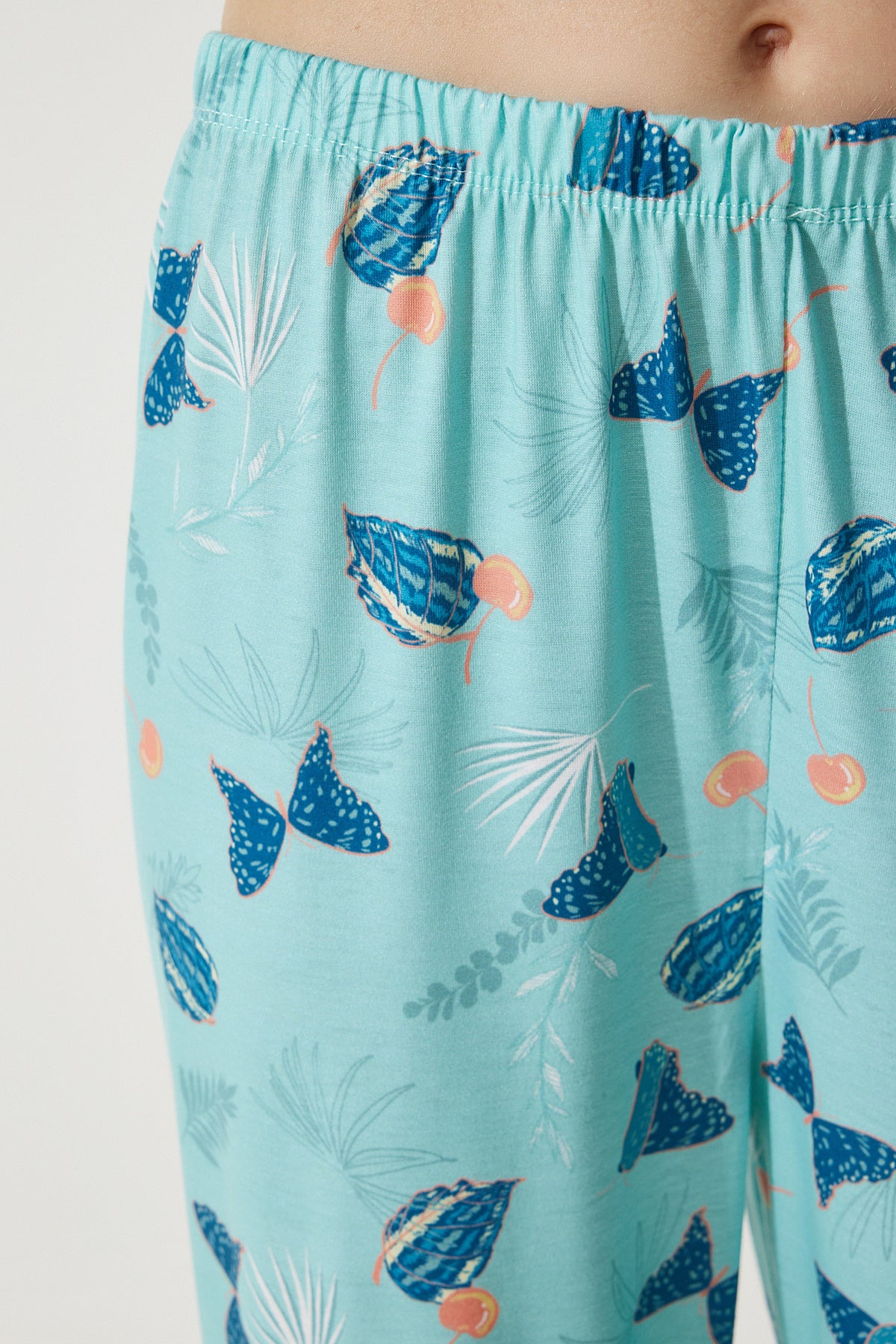 Su Yeşili Desenli Gömlek-Pantolon Örme Pijama Takımı TK00092