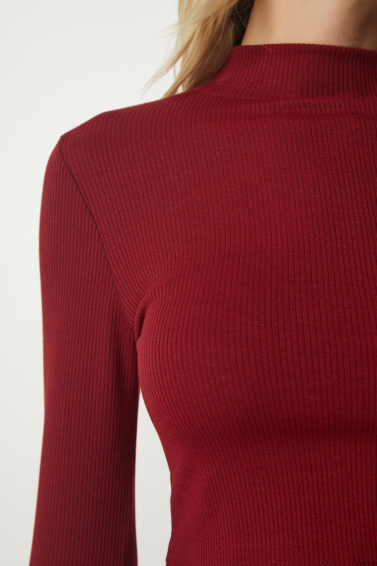 Bordo Dik Yaka Fitilli Kaşkorse Crop Bluz ub00165