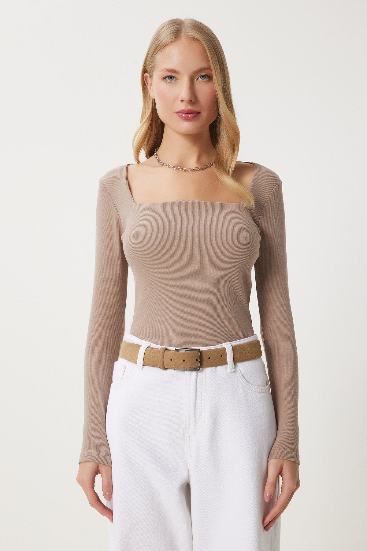 Bej Kare Yaka Fitilli Örme Bluz GT00052