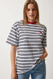 Beyaz Bisiklet Yaka Çizgili Örme T-Shirt CR00428