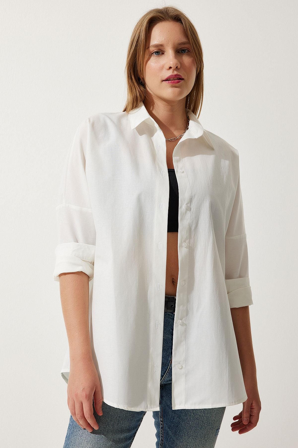 Ekru Oversize Uzun Basic Gömlek DD00842