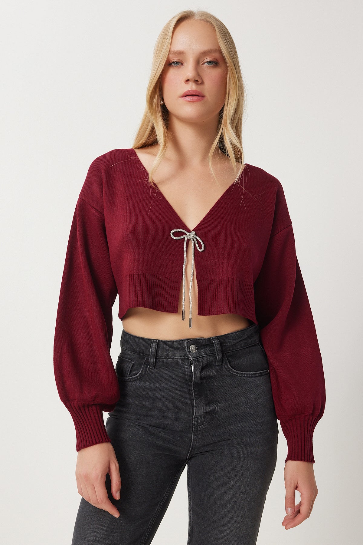 Bordo Taşlı Fiyonk Bağlamalı Crop Triko Hırka Kİ00110