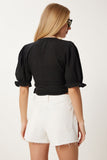 Siyah Bağlama Detaylı Crop Keten Bluz NS00443