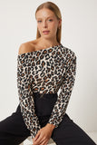 Bej Kahverengi Leopar Desenli Tek Omuz Fitilli Örme Bluz FF00166