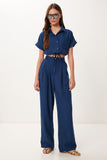 Lacivert Keten Crop Gömlek Pantolon Takım BV00149
