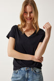 Siyah V Yaka Basic Örme T-Shirt  UB00261