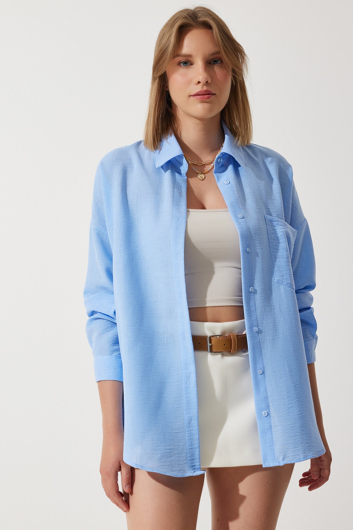 Gök Mavi Oversize Keten Ayrobin Gömlek DD01222