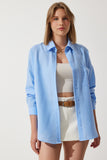 Gök Mavi Oversize Keten Ayrobin Gömlek DD01222