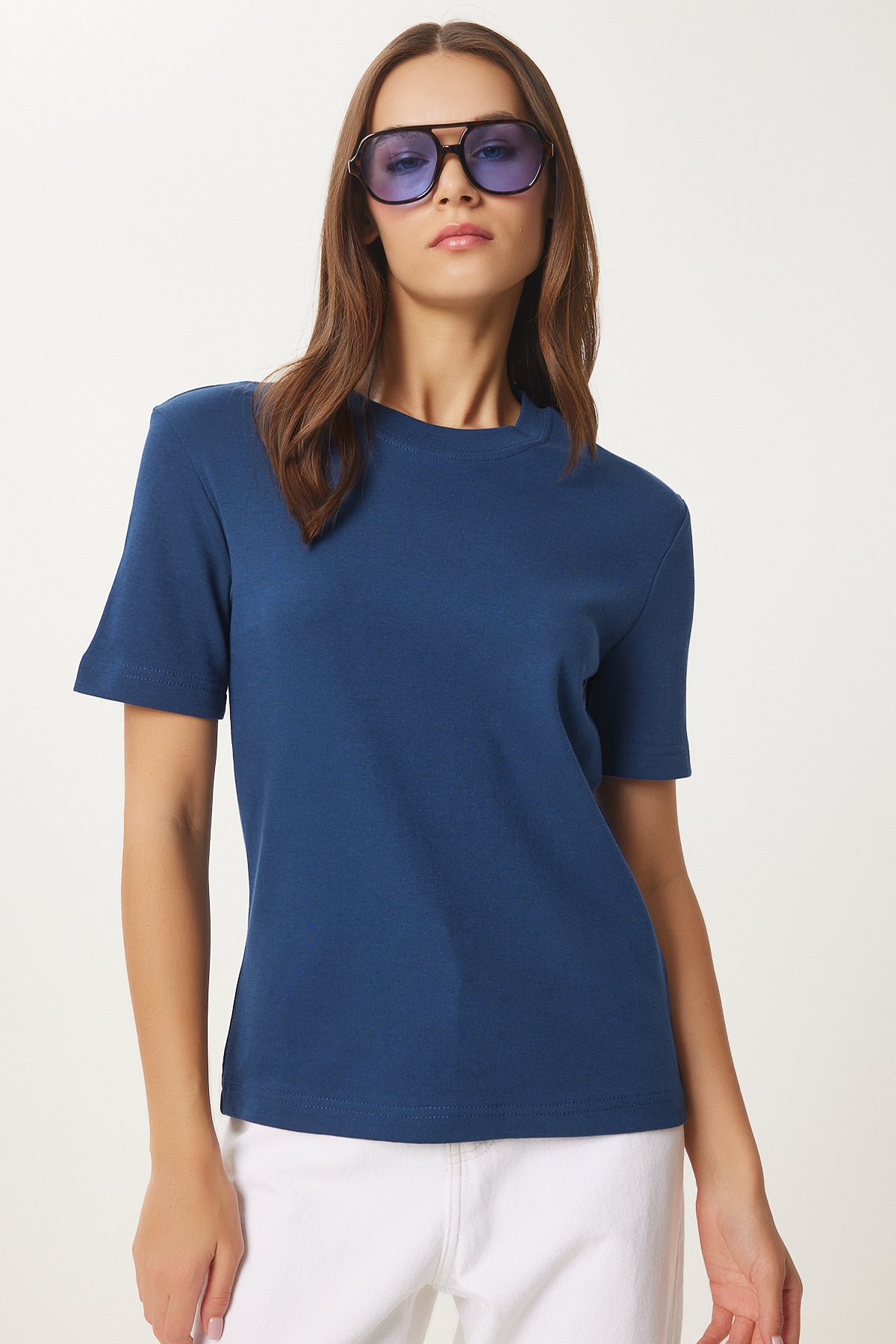 Kobalt Mavi Pamuklu Basic Örme T-Shirt AG00001