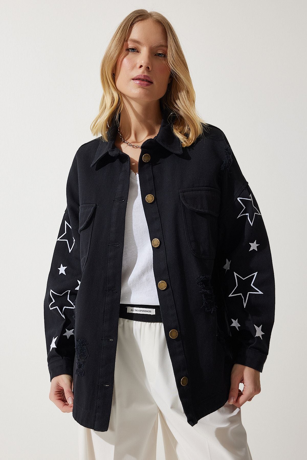 Siyah Yıldız Nakışlı Oversize Gömlek Ceket SA00026