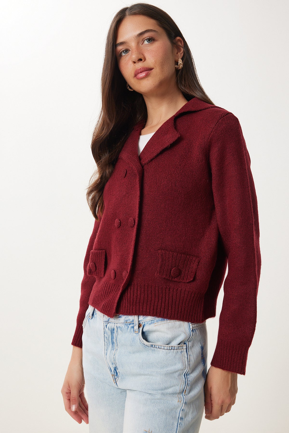 Bordo Çift Düğmeli Triko Hırka YY00242