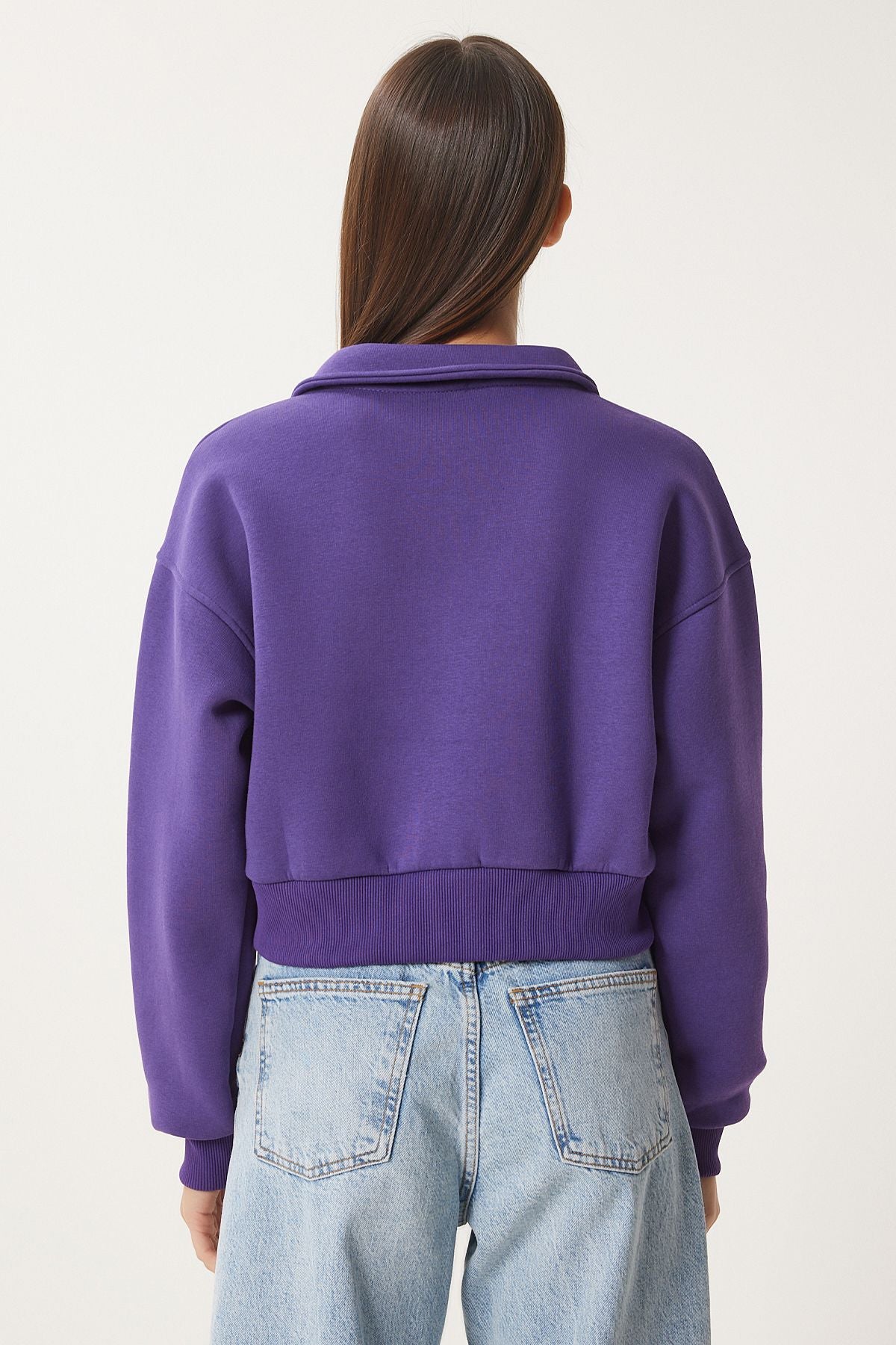 Mor Polo Yaka Şardonlu Crop Örme Sweatshirt HW00014
