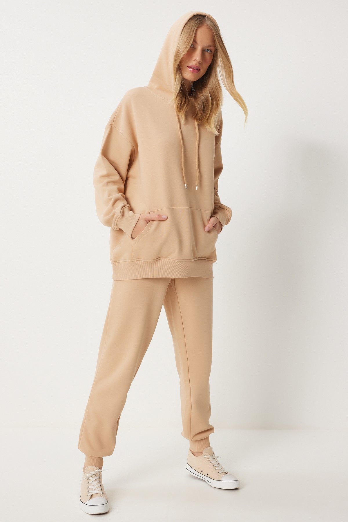Bisküvi Kapüşonlu Sweatshirt Jogger Oversize Örme Eşofman Takımı PYS0027