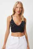 Siyah İnci Detaylı Ajurlu Crop Triko Bluz  FN03366