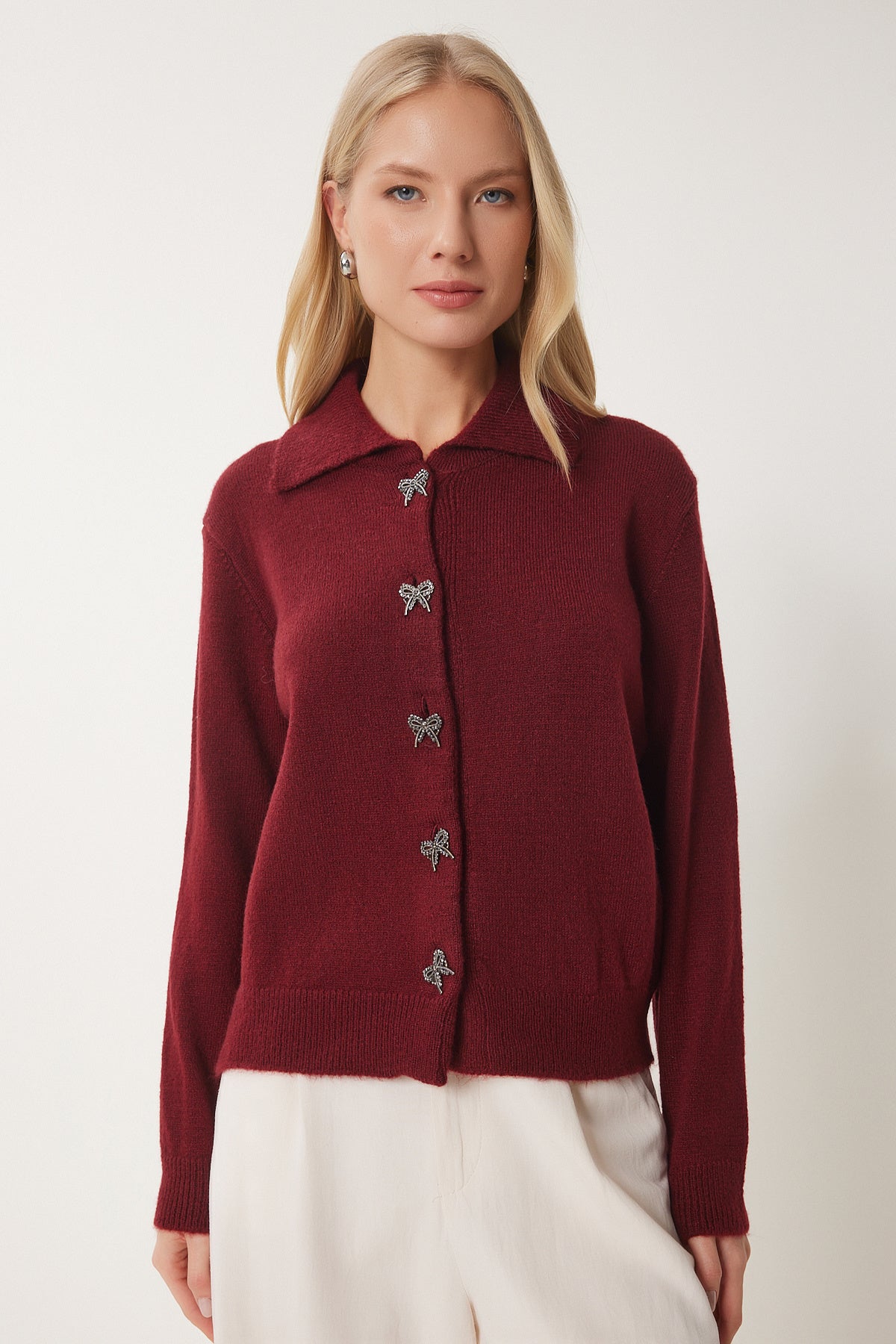 Bordo Şık Fiyonk Düğmeli Yumuşak Triko Hırka DP00233