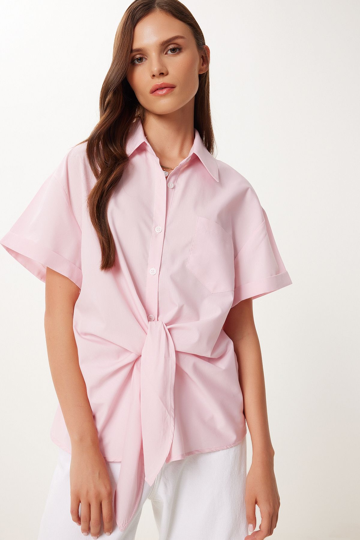 Pembe Bağlama Detaylı Poplin Gömlek BV00140