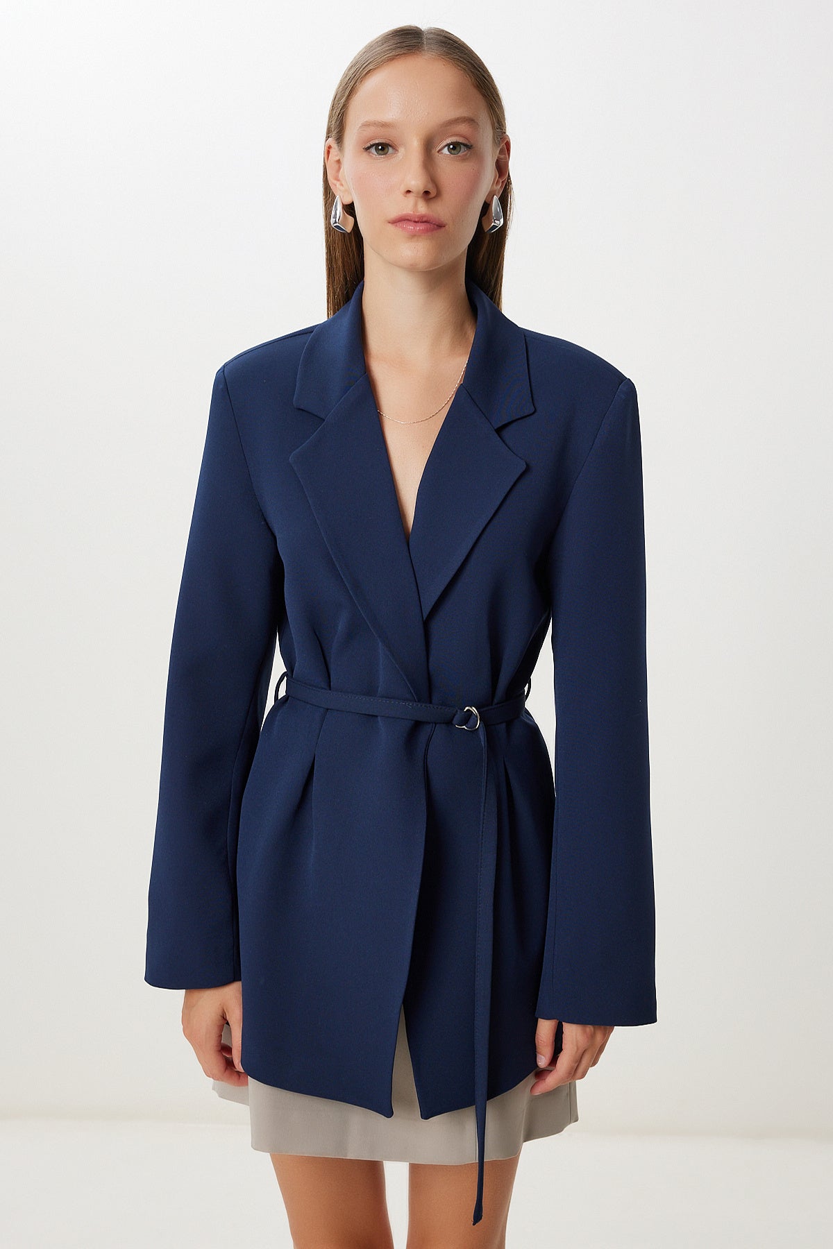 Lacivert Vatkalı Kemerli Blazer Dokuma Ceket KT00023