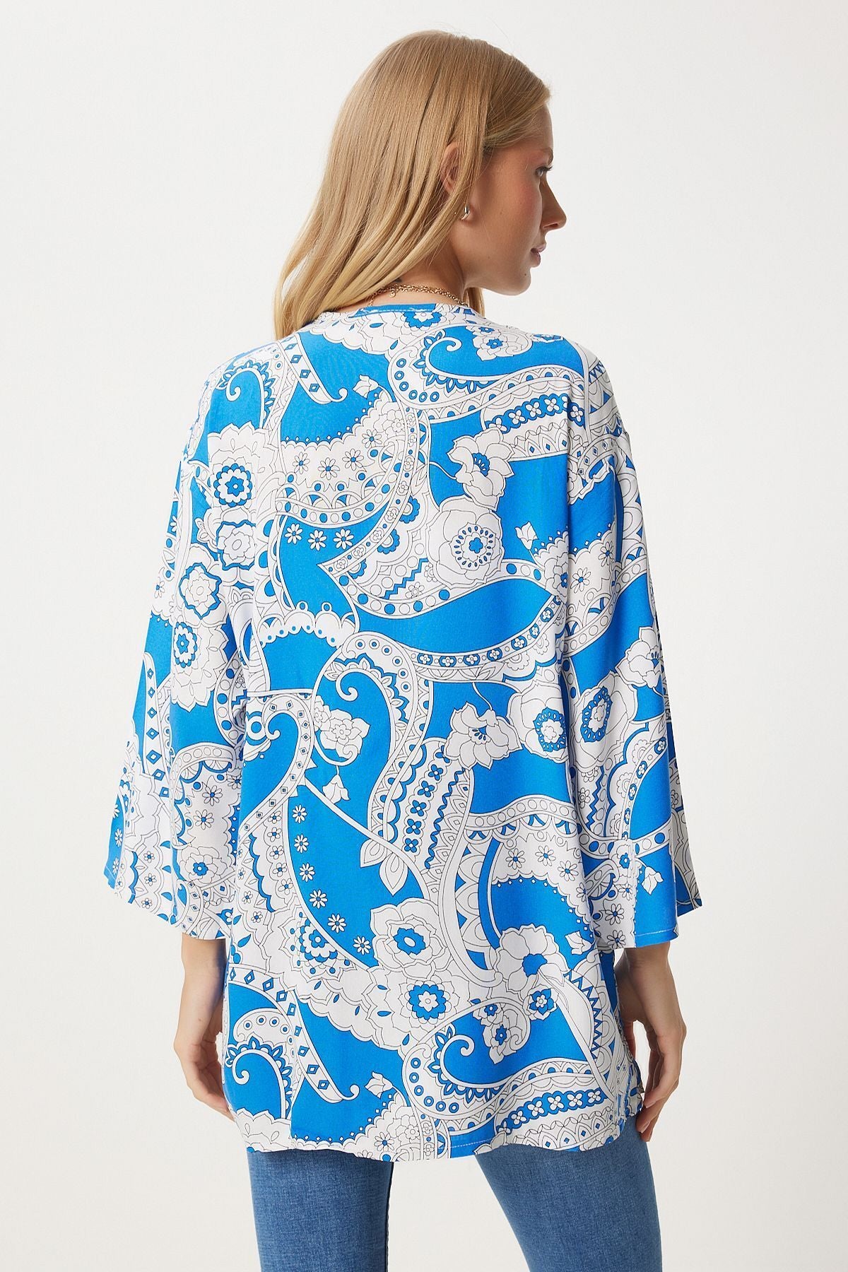Mavi Beyaz Desenli Viskon Kimono EN00615