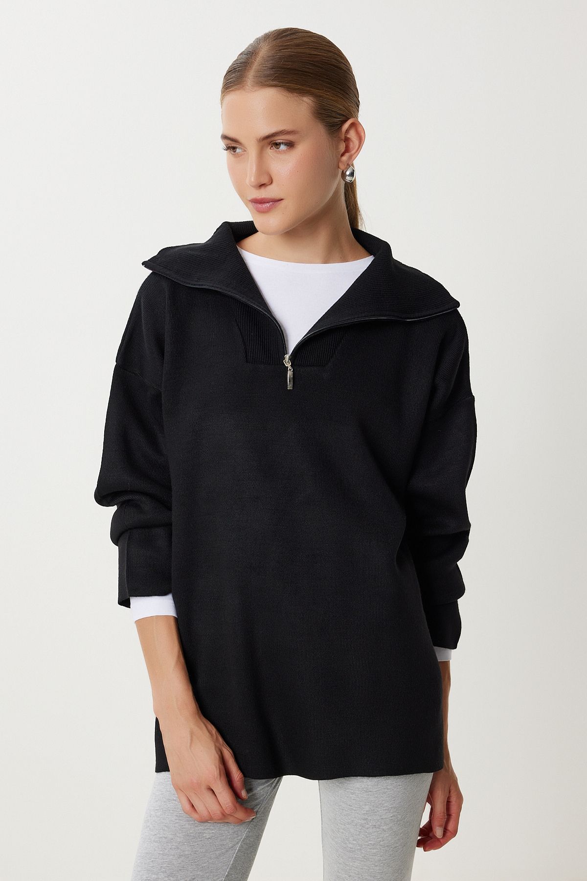 Siyah Fermuarlı Oversize Triko Kazak YY00263