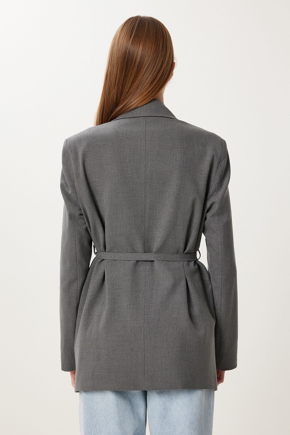 Gri Vatkalı Kemerli Blazer Dokuma Ceket KT00023