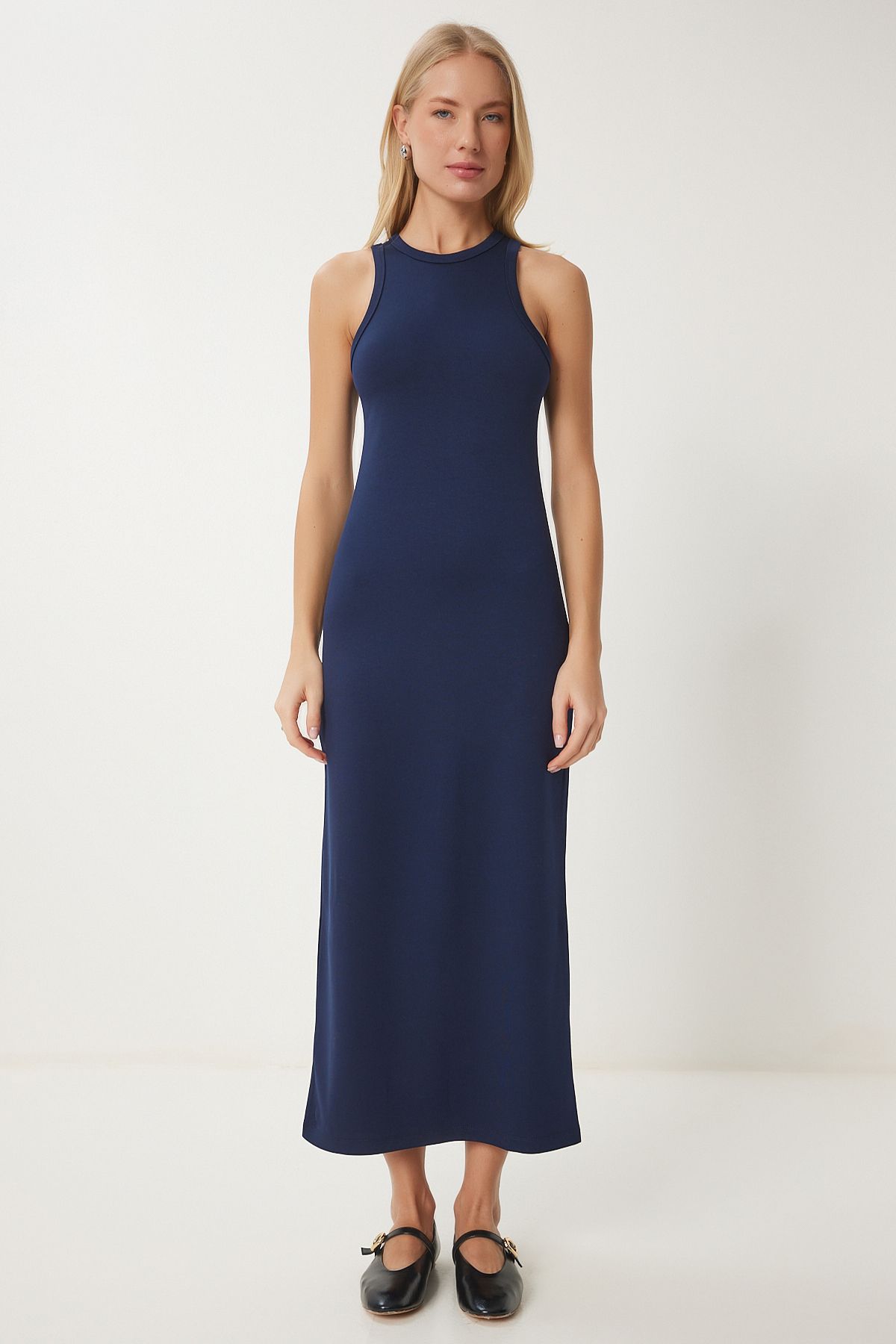 Lacivert Halter Yaka Basic Yazlık Örme Elbise EJ00001
