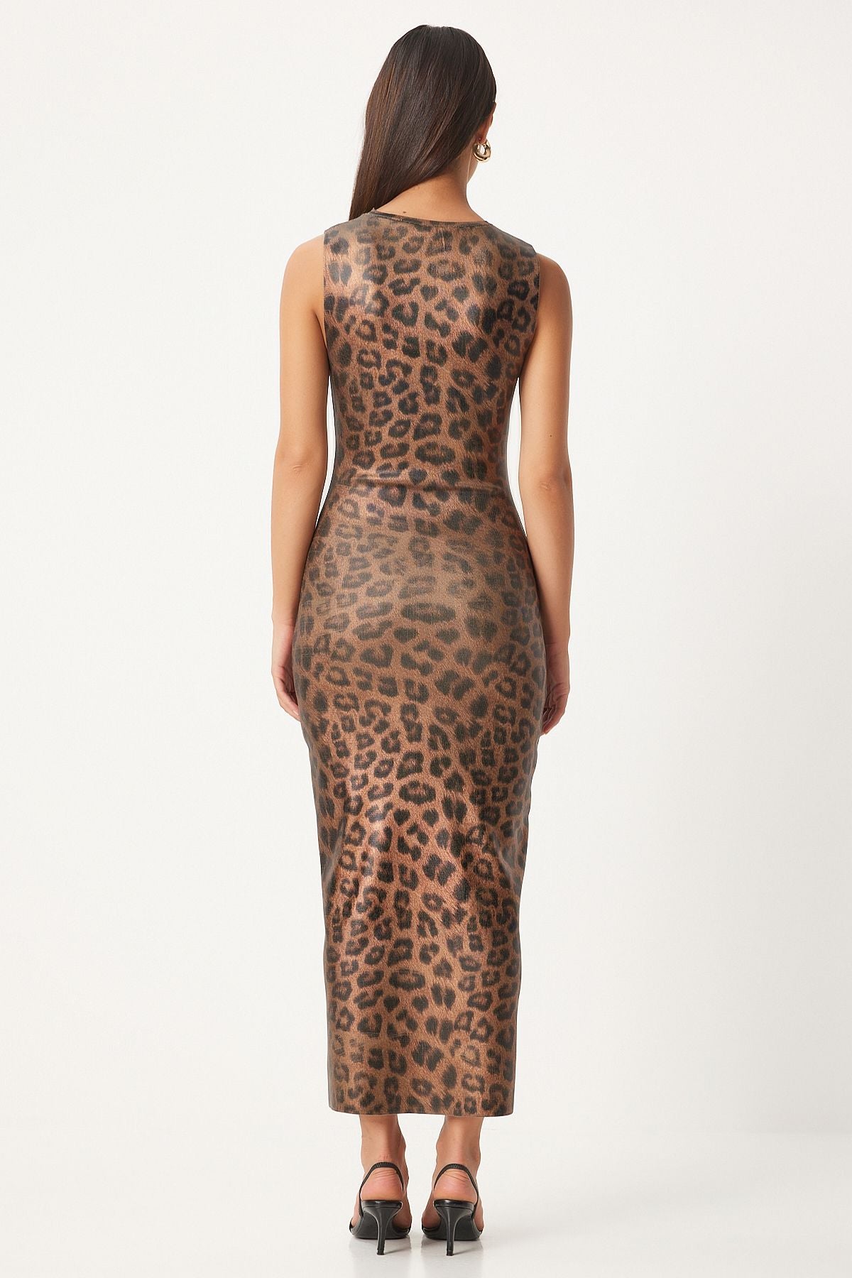 Siyah Bej Leopar Desenli Dar Elbise PF00077