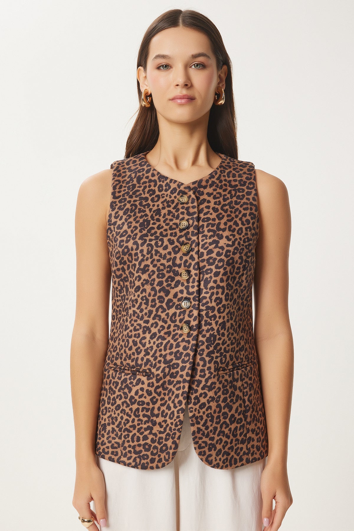 Camel Siyah Leopar Desenli Nubuk Yelek FN03444