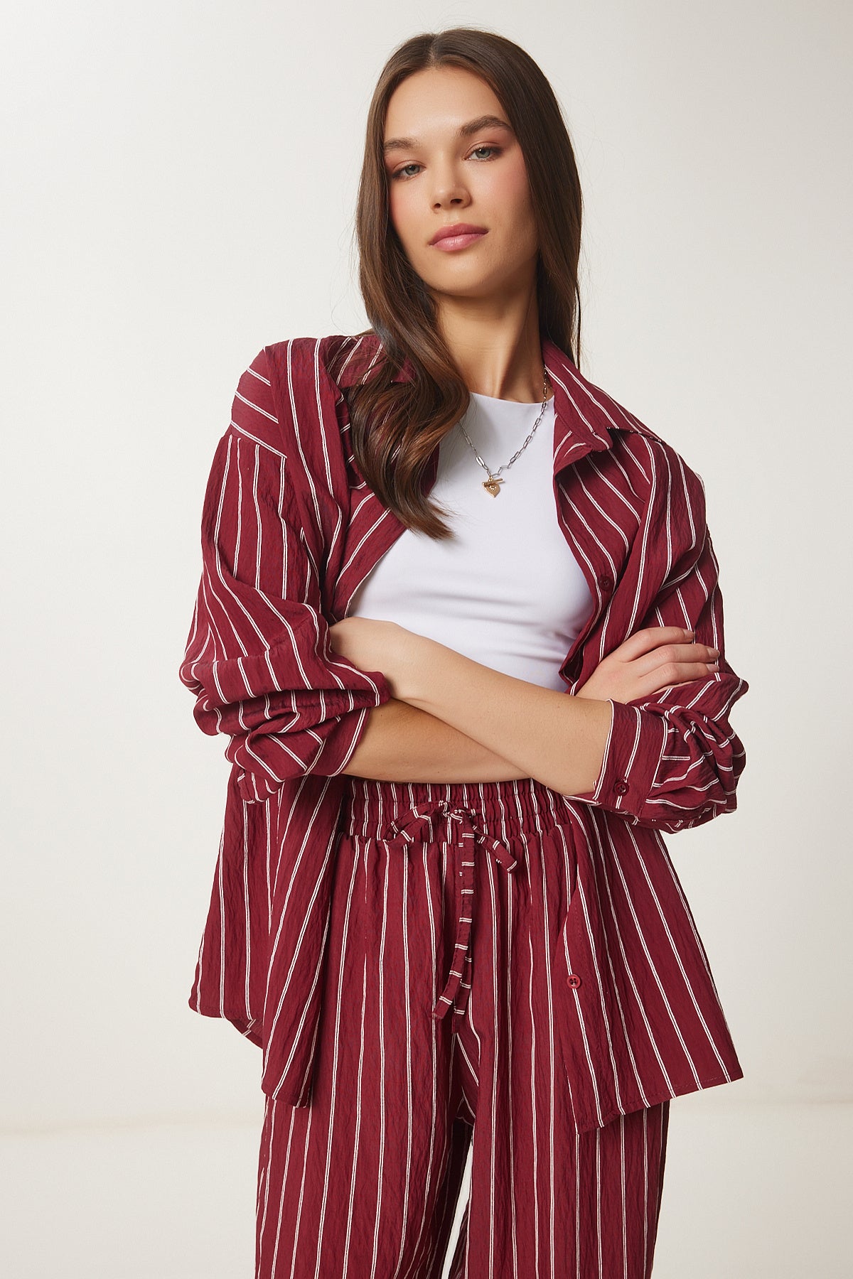 Bordo Çizgili Gömlek Pantolon Takım BY00058