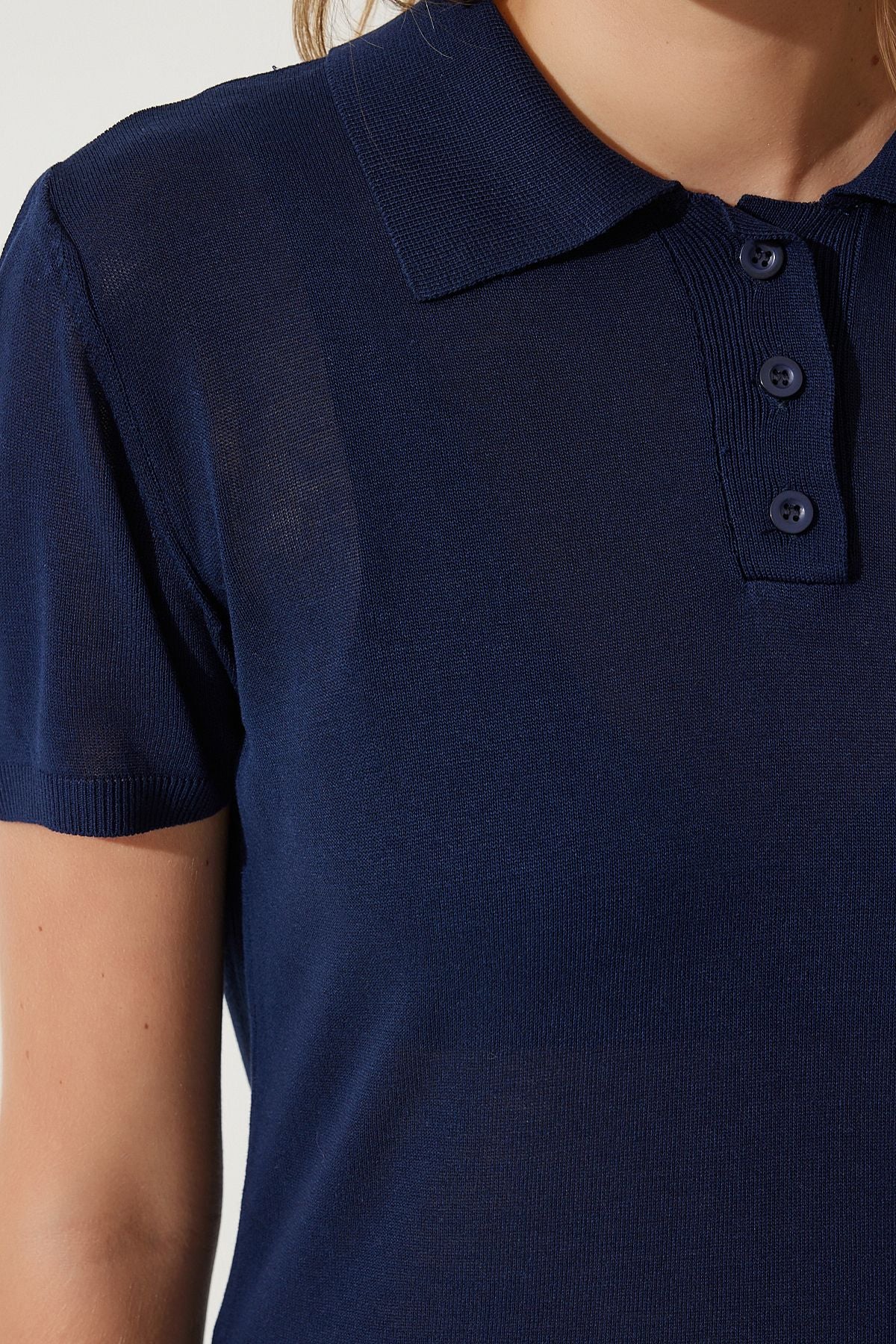 Lacivert Polo Yaka Hafif Transparan Yazlık Triko Bluz YY00209