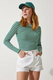 Koyu Yeşil Bisiklet Yaka Çizgili Crop Örme Bluz CR00424