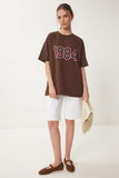 Kahverengi Oversize Baskılı Örme T-Shirt ZV00280