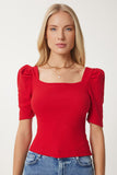 Kırmızı Kare  Yaka Fitilli Crop Bluz GT00007